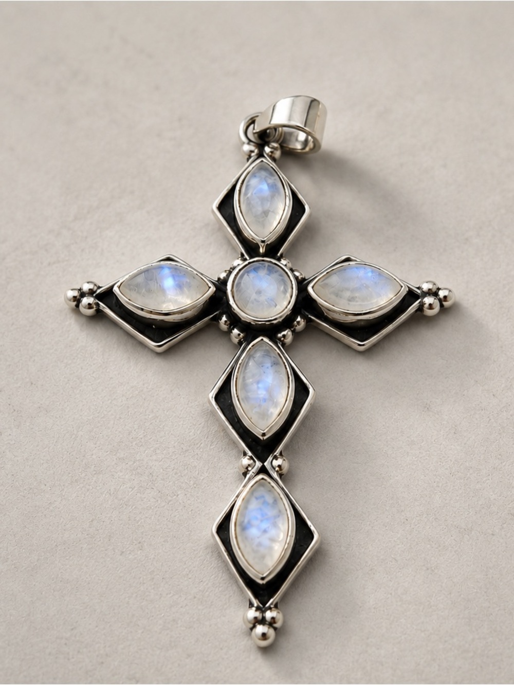 Sterling Silver Cross Pendant with Blue-Flash Moonstone